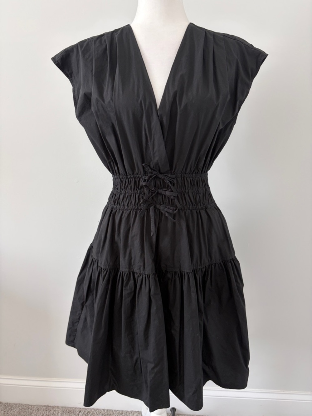 Smocked Waist V-Neck Mini Dress in Black